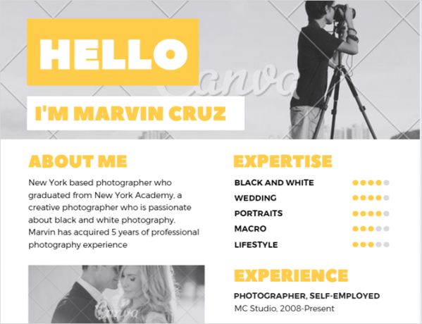 modèle de CV créatif photographe jaune