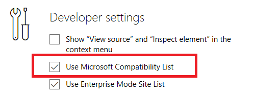 paramètres Microsoft Edge - désactiver la liste de compatibilité Microsoft