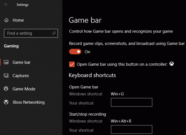 Paramètres de la barre de jeu de Windows 10