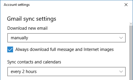 Paramètres de synchronisation du calendrier Windows