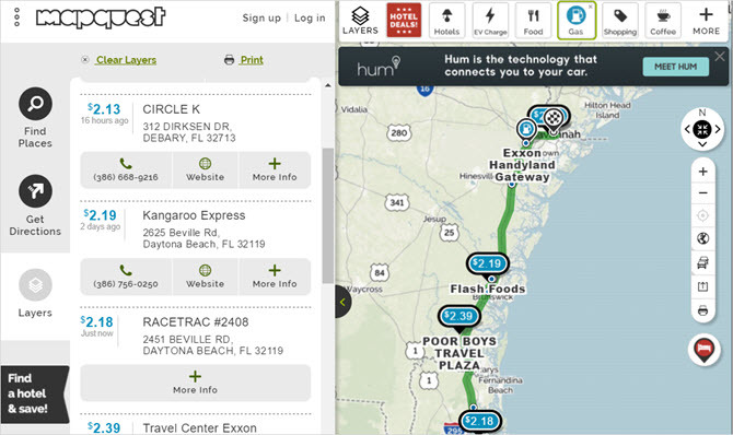 planificateur de mapquest web de gaz