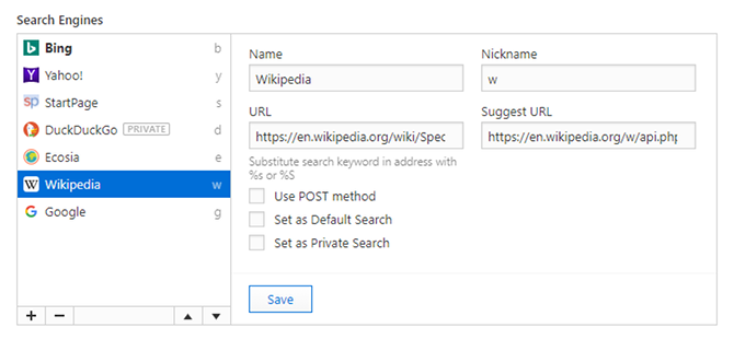 Conseils sur le navigateur Vivaldi - effectuez une recherche rapide avec des surnoms