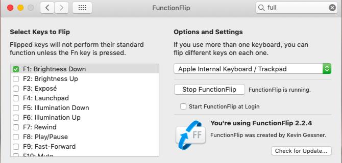 Volet Paramètres de l'application FunctionFlip sur macOS