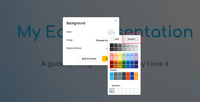 Dégradé personnalisé Google Slides Gradient de l'outil de couleur d'arrière-plan