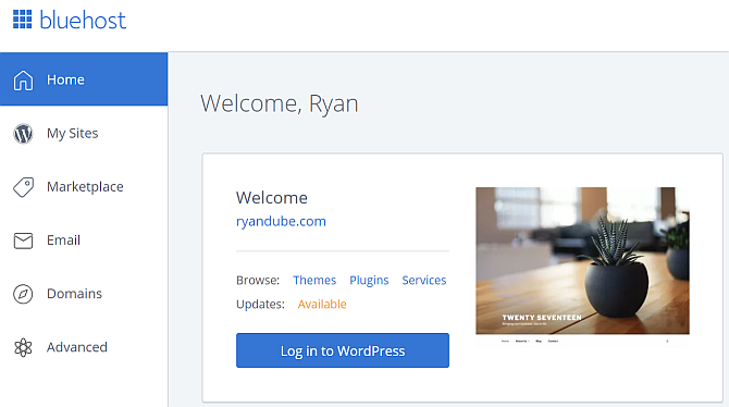 panneau principal bluehost