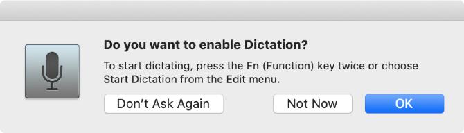 Fenêtre contextuelle pour activer la dictée sur un Mac