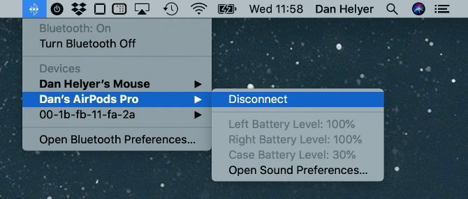 Niveau de batterie des AirPods dans le menu Bluetooth de macOS