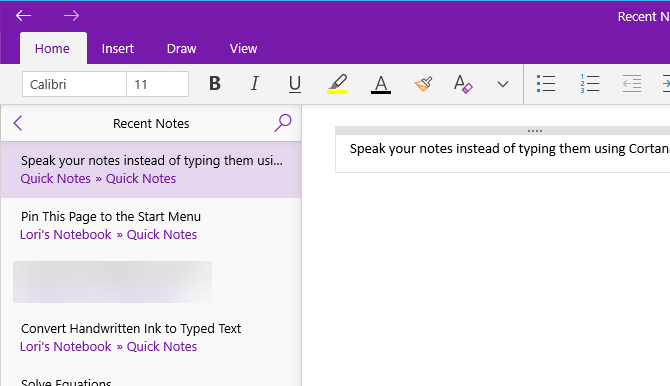 Note ajoutée à OneNote à l'aide de Cortana