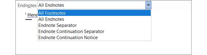 Choisissez une option dans le volet de notes de bas de page dans Word