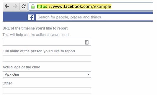 page de rapport de mineur de facebook