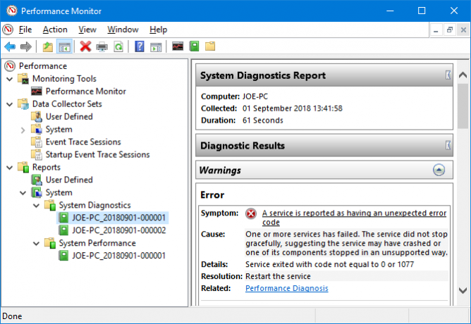 Résultats du diagnostic de l'Analyseur de performances Windows 10