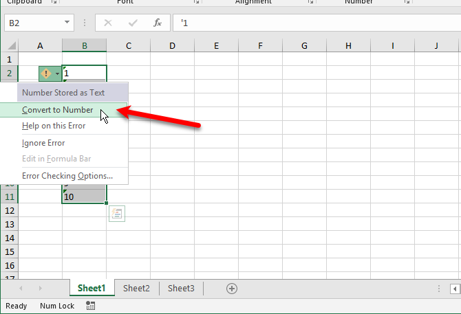 fonctions de texte Excel - Sélectionnez Convertir en nombre dans la colonne