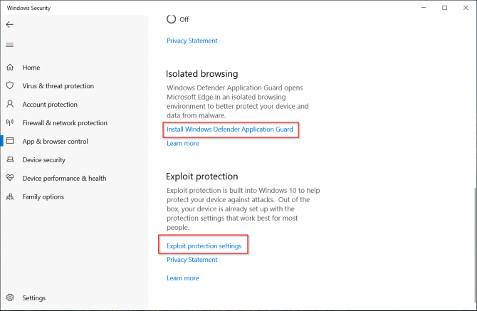 contrôle des paramètres de l'application et du navigateur dans Windows Defender