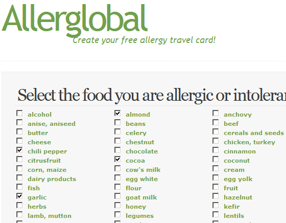 cartes de voyage contre les allergies