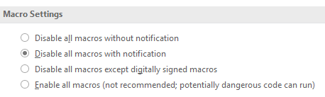 Paramètres de macro de Word 2016