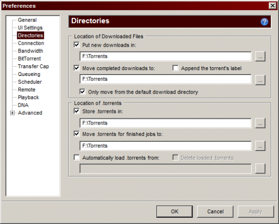 paramètres de préférence utorrent