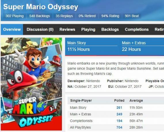 Combien de temps pour battre l'entrée pour Super Mario Odyssey