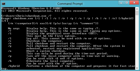 options d'arrêt de l'invite de commande windows 8