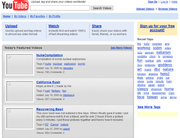 Une capture d'écran de YouTube en 2005