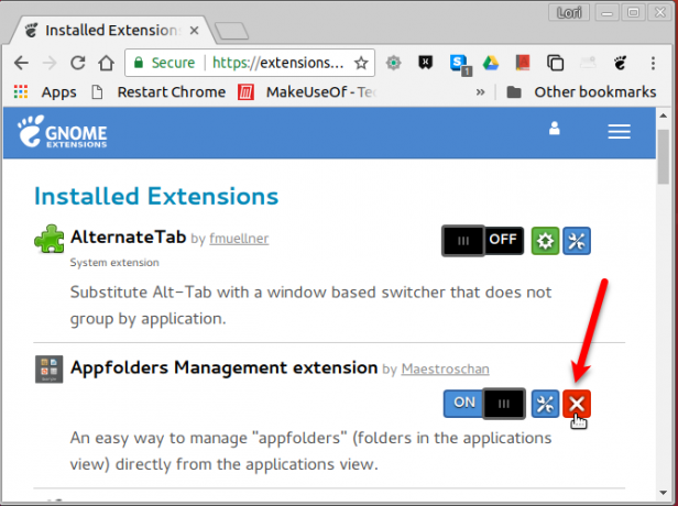 Désinstaller une extension sur le site Web des extensions GNOME