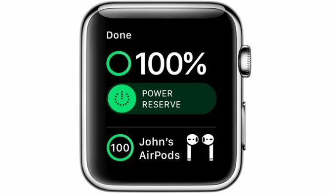 Centre de contrôle Apple Watch montrant la batterie des AirPods