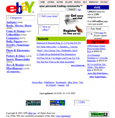 Une capture d'écran d'eBay en 1999