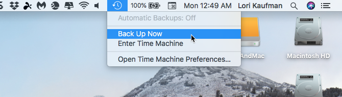 Sélectionnez Sauvegarder maintenant dans les options de la barre de menus de Time Machine