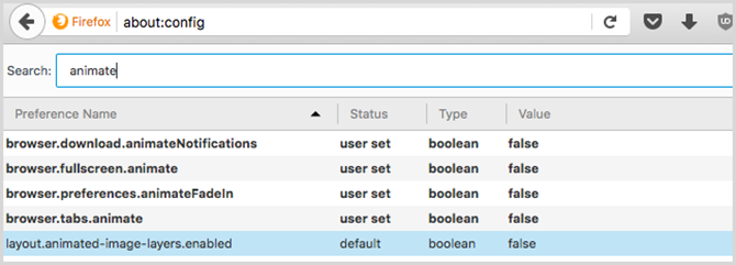 Firefox à propos de la configuration d'animation