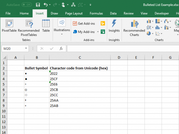 Symboles à puce et codes de caractères en hexadécimal dans Excel