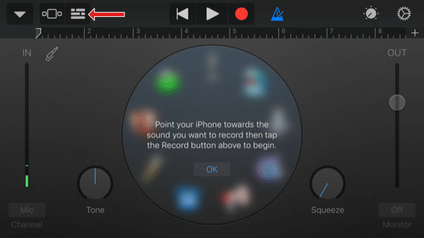 Écran de l'enregistreur audio de l'application GarageBand