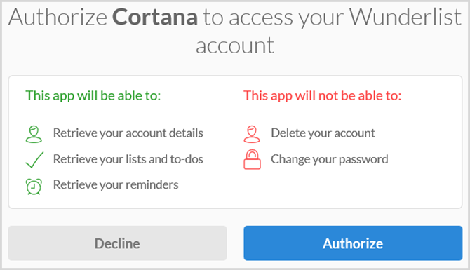 cortana autorise wunderlist