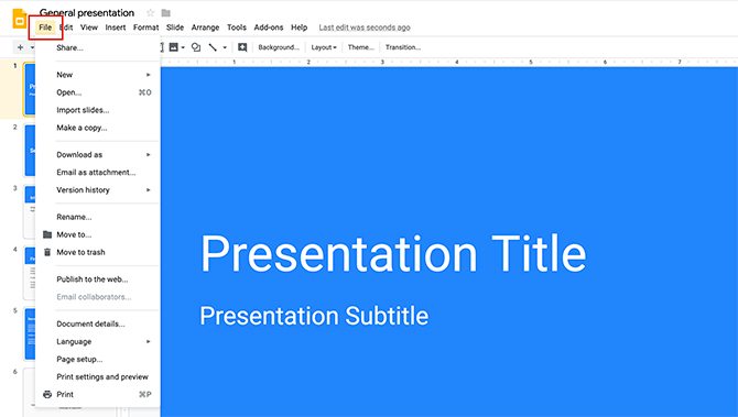 Comment créer une présentation Menu de fichiers Google Slides