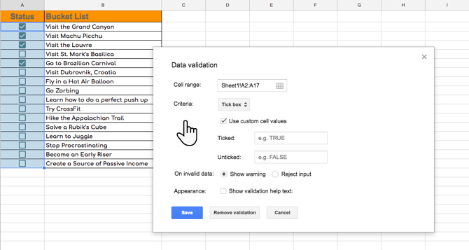 Validation d'une case à cocher dans Google Sheets avec des valeurs personnalisées