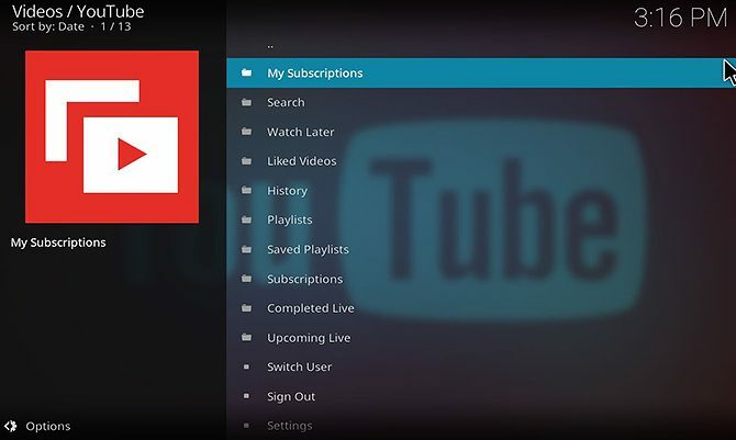 Comment installer et utiliser le module complémentaire YouTube Kodi - menu d'accueil du module complémentaire