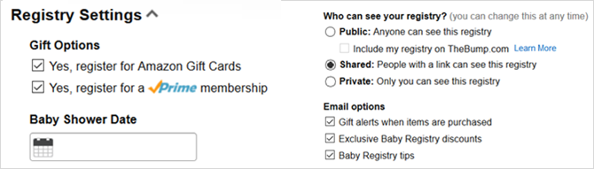 paramètres de registre bébé Amazon