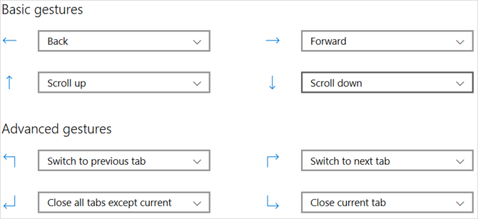 paramètres des gestes de la souris microsoft edge