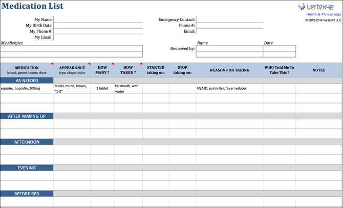 Modèle Excel de liste de médicaments