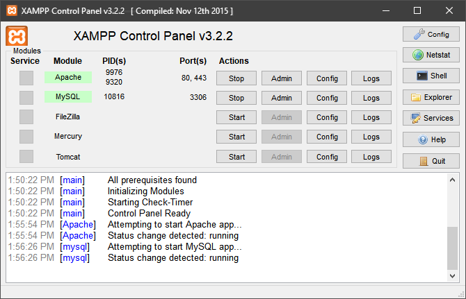 panneau de contrôle xampp