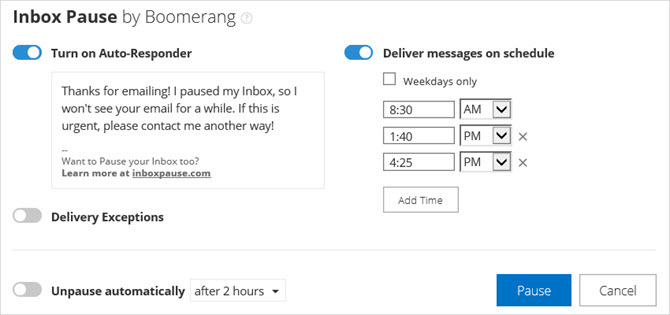 Complément Boomerang Outlook pour la pause de la boîte de réception