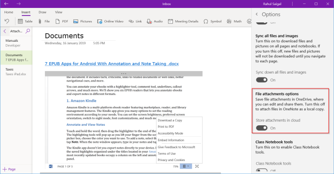 attachement cloud dans OneNote pour Windows 10