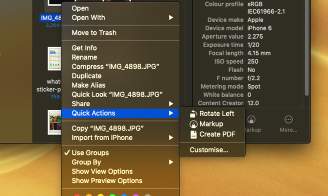 Menu d'activation des actions rapides de macOS Mojave