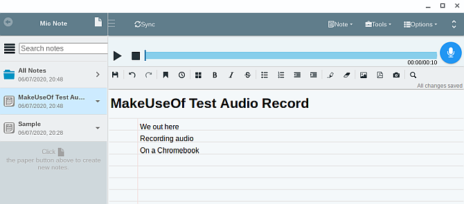 micro note enregistrement audio du Chromebook