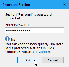 Boîte de dialogue Section protégée dans OneNote 2016