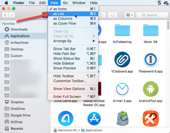 Afficher le dossier Applications sous forme de liste dans le Finder