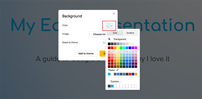 Outil de couleur d'arrière-plan Google Slides dégradé personnalisé