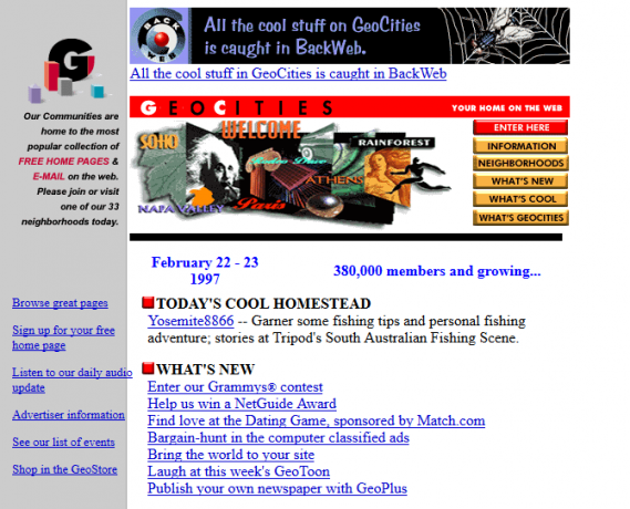 Capture d'écran du site Web de GeoCities en 1997