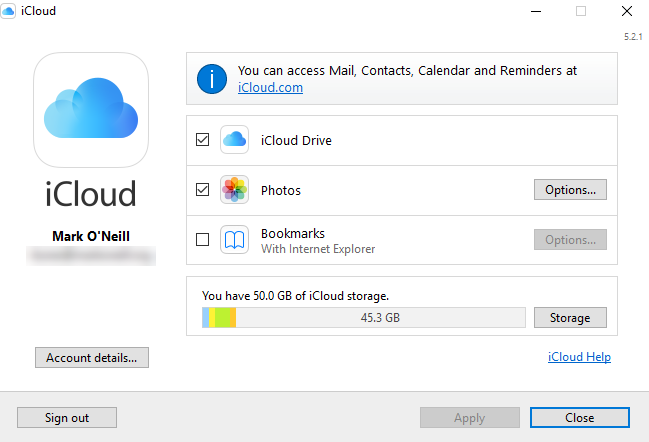 Capture d'écran des paramètres du panneau de configuration iCloud