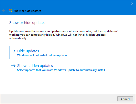 Mises à jour de Windows 10 Hide