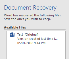 récupération automatique de documents Microsoft Word 2016