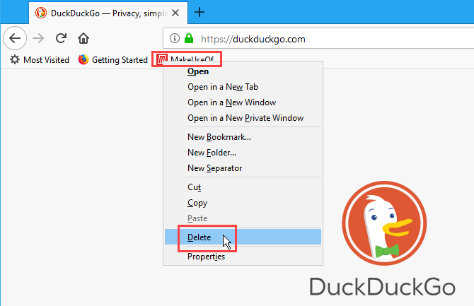 Faites un clic droit sur un signet dans Firefox et sélectionnez Supprimer